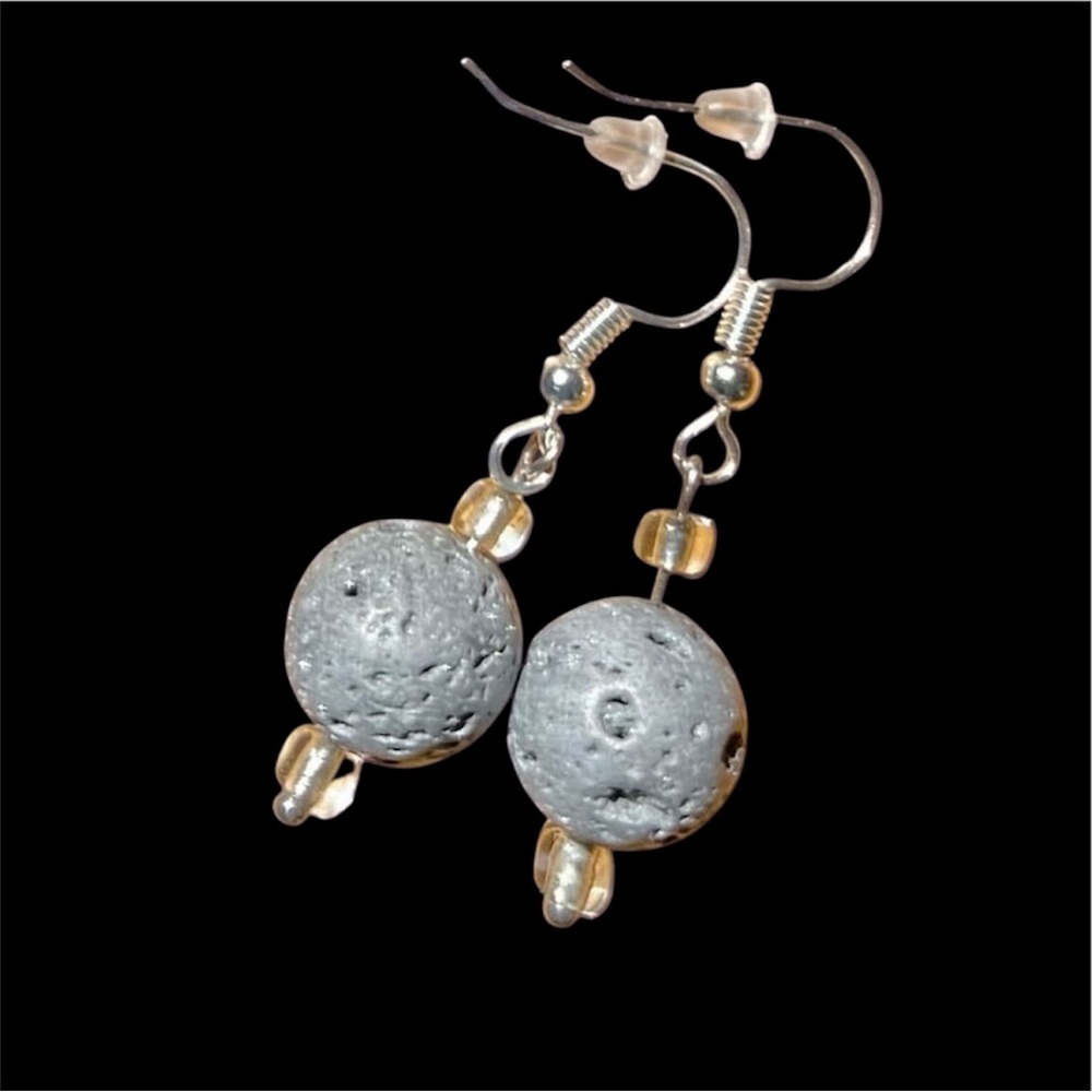 Silver Moon Rock Lava Bead Earrings